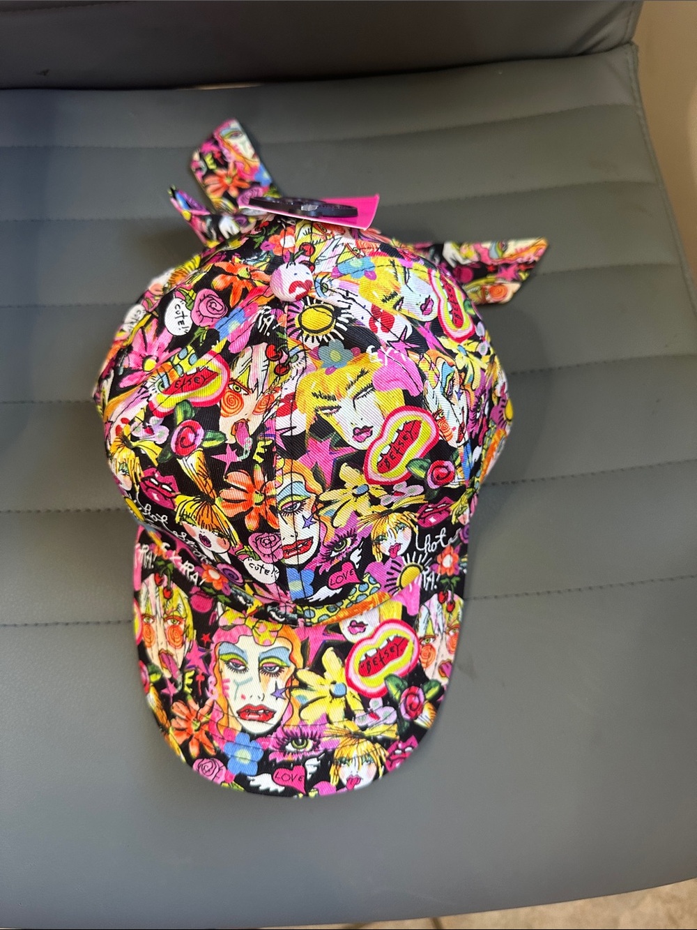 Betsey Johnson Multicolor Graphic Floral & Face Baseball Cap